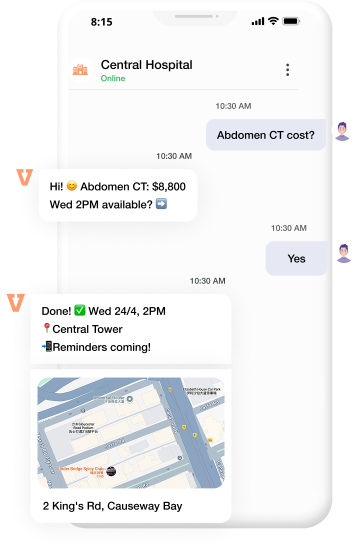 Vascue AI assistant handling a patient booking conversation on a phone