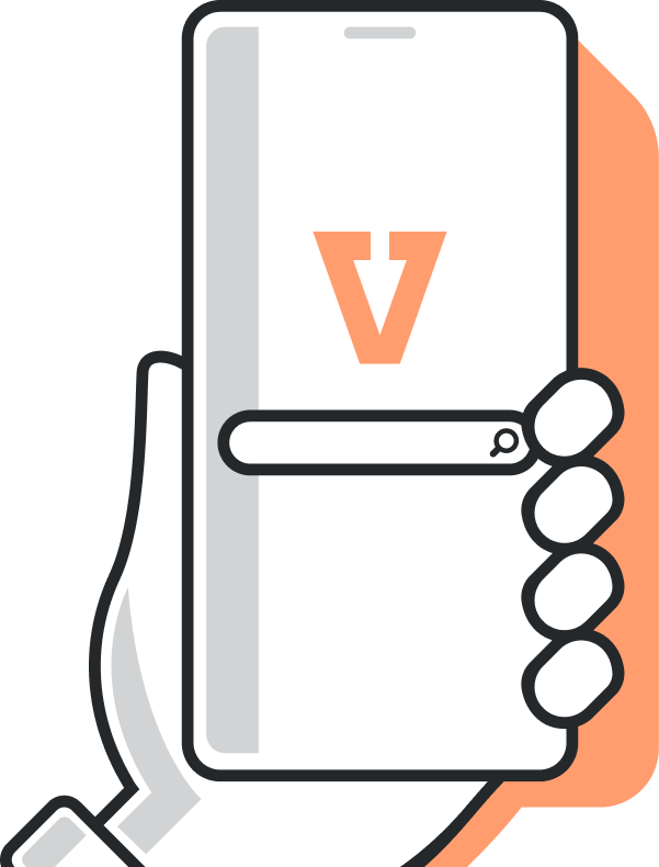 Illustration of a hand holding a phone running the Vascue assistant
